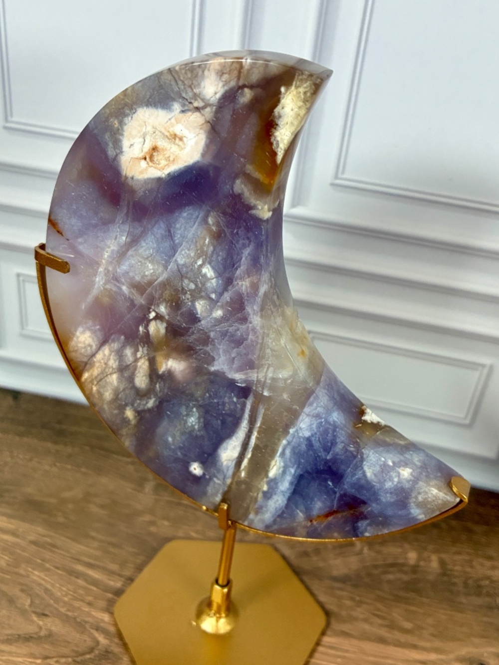 Lavender Purple Chalcedony Crescent Moon • Gold Stand Crystal Décor • Celestial - Picture 3 of 9